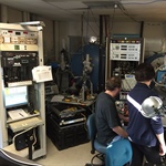 Eric Korpela and Yuzo Ishikawa performing UV alignment check on EUV after TVac