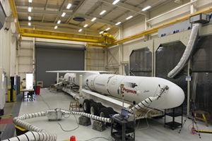 Fully-assembled Pegasus XL rocket with the ICON satellite